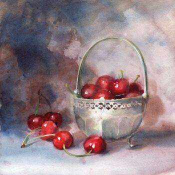 Peinture intitulée "Cerises et pot arge…" par Sylvie Vernageau, Œuvre d'art originale, Aquarelle