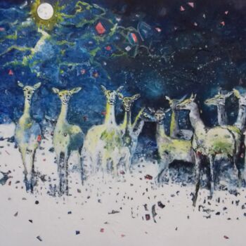 Painting titled "Biches au clair de…" by Lorenz, Original Artwork, Oil Mounted on Wood Stretcher frame