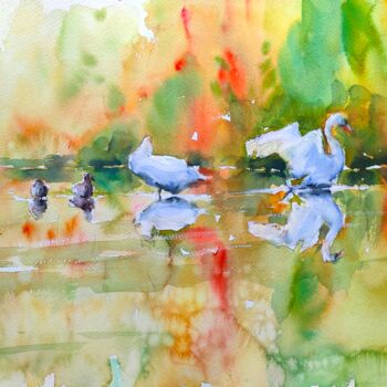 Peinture intitulée "Autumn on the lake" par Ibolya Taligas, Œuvre d'art originale, Aquarelle