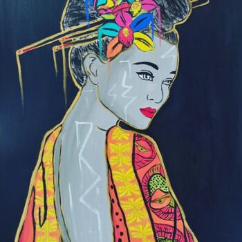Painting titled "MARIKO Celle qui éc…" by Saloua Mercier, Original Artwork, Acrylic Mounted on Wood Stretcher frame