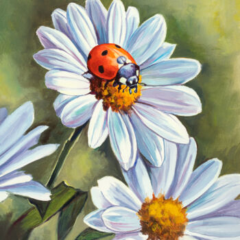 Painting titled "Ladybug on white da…" by Lucia Verdejo, Original Artwork, Oil Mounted on Wood Panel