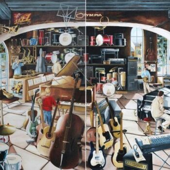 Pintura intitulada "Le magasin de musiq…" por Dominique Pineau, Obras de arte originais