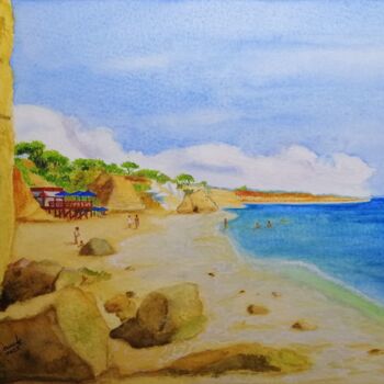 Painting titled "Praia Olhos d'Água,…" by Inês Dourado, Original Artwork, Watercolor