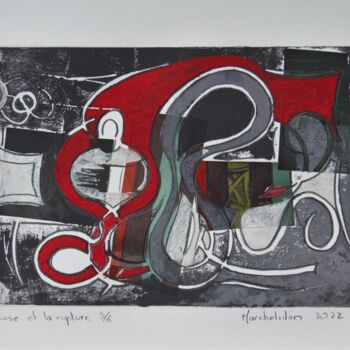 Printmaking titled "Rose et la rupture…" by Hervé Marchelidon, Original Artwork, Linocuts