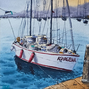 绘画 标题为“Sailboat at the Pier” 由Maya Burchak, 原创艺术品, 水彩