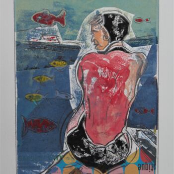Gravures & estampes intitulée "Rose et les poisson…" par Hervé Marchelidon, Œuvre d'art originale, Linogravures