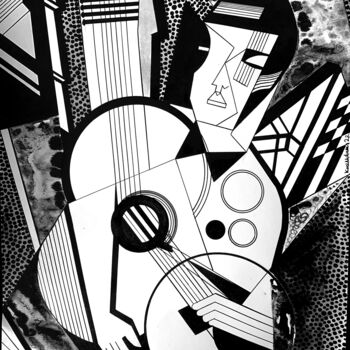 Tekening getiteld "The Guitarist II" door Koola Adams, Origineel Kunstwerk, Inkt