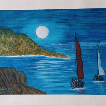 Painting titled "Voiliers au Clair d…" by Catdicop, Original Artwork, Watercolor