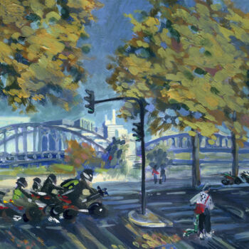 Painting titled "Motorcyclists and t…" by Olga Sto, Original Artwork, Acrylic