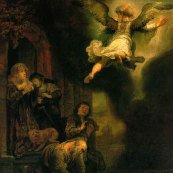 Painting titled "L'ange Raphaël quit…" by Rembrandt, Original Artwork, Oil