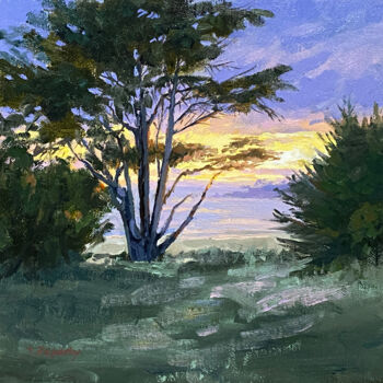 Painting titled "Carmel Beach Cypres…" by Tatyana Fogarty, Original Artwork, Oil Mounted on Other rigid panel