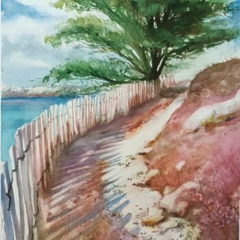 Painting titled "Chemin des douanier…" by Marc Broudic, Original Artwork, Watercolor