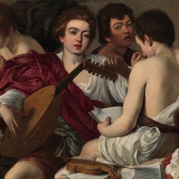 Schilderij getiteld "Les Musiciens" door Caravaggio, Origineel Kunstwerk, Olie