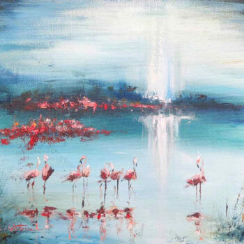 Ζωγραφική με τίτλο "Pink flamingos" από Olga Soldatova, Αυθεντικά έργα τέχνης, Λάδι Τοποθετήθηκε στο Χαρτόνι