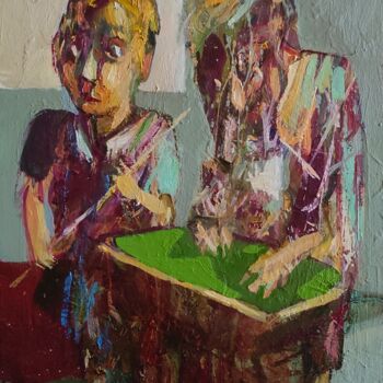 Painting titled "Billiard" by Mihran Manukyan, Original Artwork, Oil Mounted on Wood Stretcher frame