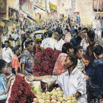Peinture intitulée "Indian Summer Bazaar" par Saif Ahmad, Œuvre d'art originale, Huile