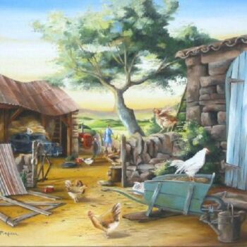 Pintura intitulada "La cour de ferme" por Dominique Pineau, Obras de arte originais