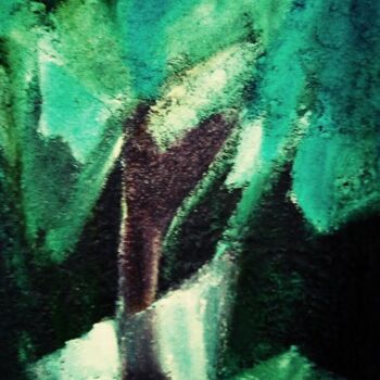 Painting titled "L'arbre dans la nuit" by Romuald, Original Artwork, Oil Mounted on Wood Stretcher frame