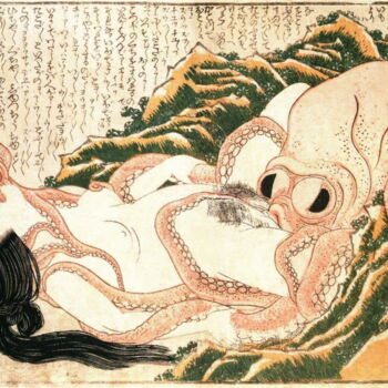 Painting titled "Le Rêve de la femme…" by Hokusai, Original Artwork, Watercolor