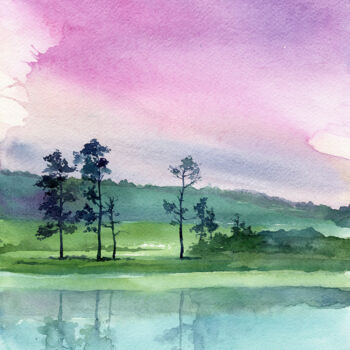 Pintura titulada "landscape with pink…" por Dmitriy Shvetsov, Obra de arte original, Acuarela