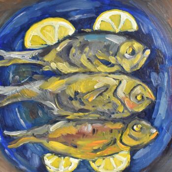 Ζωγραφική με τίτλο "Fried fish" από Grigorii Zulkarniaev, Αυθεντικά έργα τέχνης, Λάδι