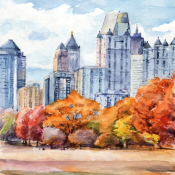 Pintura titulada "Autumn city landsca…" por Dmitriy Shvetsov, Obra de arte original, Acuarela