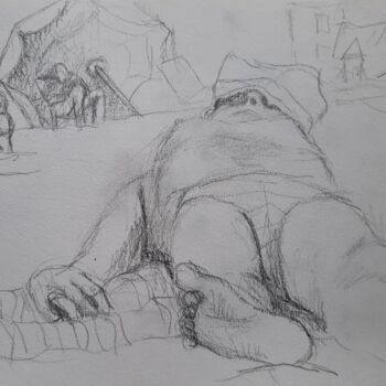 Dessin intitulée "Plage de trouville,…" par Nathalie Gautier, Œuvre d'art originale, Crayon Monté sur Carton