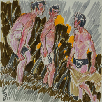 Tekening getiteld "Evening swim." door Sergey Sovkov, Origineel Kunstwerk, Aquarel