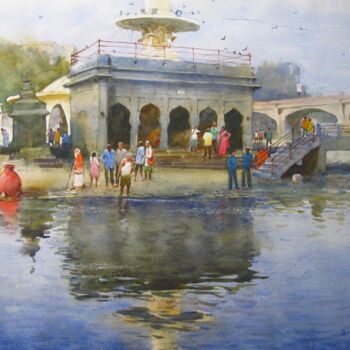 Peinture intitulée "Holy godavari ghat" par Bhargavkumar Kulkarni, Œuvre d'art originale, Aquarelle