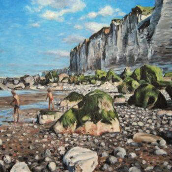 Peinture intitulée "Plage et falaises à…" par Rémi Acquin, Œuvre d'art originale, Huile Monté sur Châssis en bois