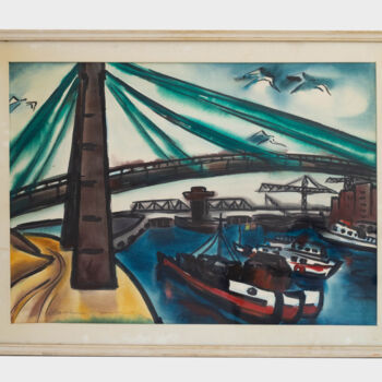 Malerei mit dem Titel ""Boats on Danube Ri…" von Iulia Hălăucescu, Original-Kunstwerk, Aquarell