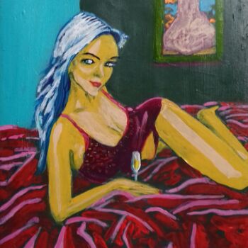 Painting titled "La Joconde en visit…" by Régis Tuaillon, Original Artwork, Acrylic Mounted on Wood Stretcher frame