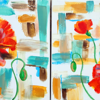 Pittura intitolato "Diptych Red Poppies…" da Viktoriya Filipchenko, Opera d'arte originale, Acrilico Montato su Telaio per b…
