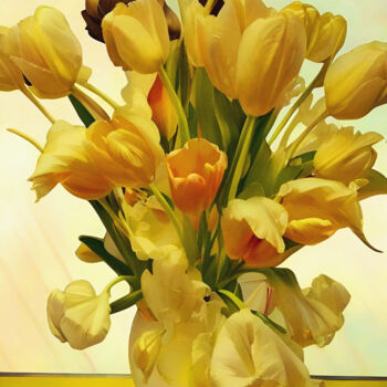 Ζωγραφική με τίτλο "Yellow Tulips" από Michael Cheung, Αυθεντικά έργα τέχνης, Ακρυλικό Τοποθετήθηκε στο Ξύλινο φορείο σκελετό