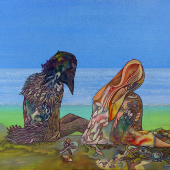 Pittura intitolato "The Crow And The Gi…" da Aeon, Opera d'arte originale, Olio Montato su Telaio per barella in legno