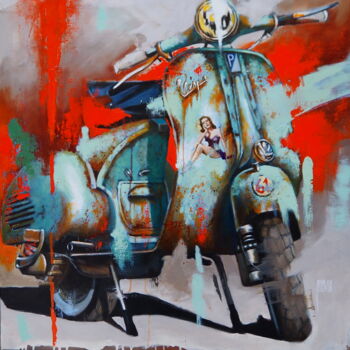 Peinture intitulée "Petite Vespa verte" par Sylvie Julkowski-Egard, Œuvre d'art originale, Huile Monté sur Châssis en bois