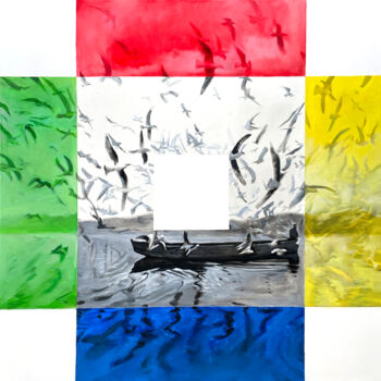 Ζωγραφική με τίτλο "Colors , white and…" από Irjan Moussin, Αυθεντικά έργα τέχνης, Λάδι Τοποθετήθηκε στο Ξύλινο φορείο σκελε…