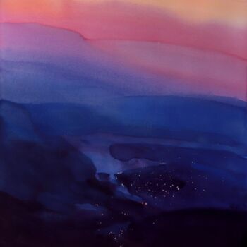 Painting titled "Lake, lights and Tw…" by Prashant Prabhu, Original Artwork, Watercolor