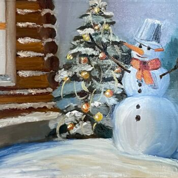 Malarstwo zatytułowany „Snowman on a yard” autorstwa Anna Pavlovich-Naneva, Oryginalna praca, Olej Zamontowany na Drewniana…