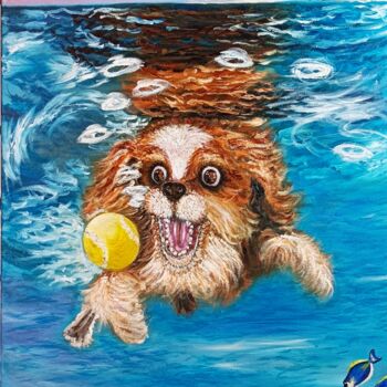 Schilderij getiteld "Cheerful dog dives…" door Irina Minevich, Origineel Kunstwerk, Olie