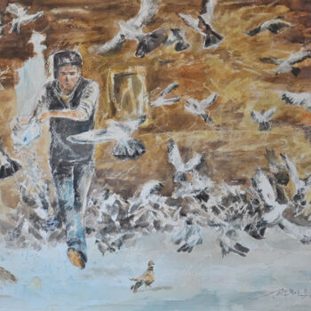 Painting titled "旅行系列-尼泊尔杜巴广场的鸽子" by Kai Deng, Original Artwork, Watercolor