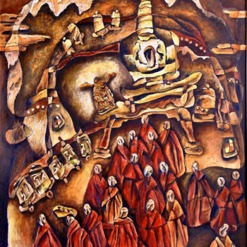 Painting titled "西藏系列-早课" by Kai Deng, Original Artwork, Oil