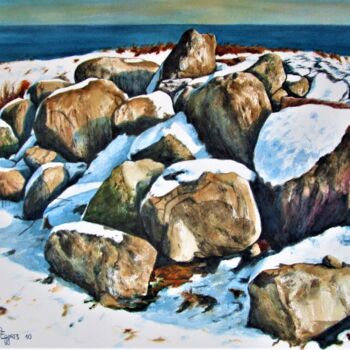 Painting titled "Steine im Schnee" by Rüdiger Eggers, Original Artwork, Watercolor