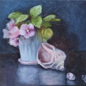 Painting titled "Indoor Flowers, She…" by Olena Kucher, Original Artwork, Oil Mounted on Wood Stretcher frame