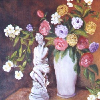 Ζωγραφική με τίτλο "statuette et fleurs" από Géraldine Streichert, Αυθεντικά έργα τέχνης, Λάδι