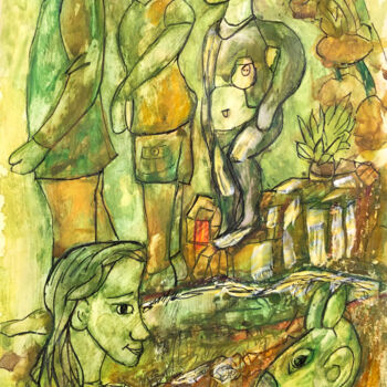 Tekening getiteld "W kolejce" door Danuta Elzbieta Czyzyk, Origineel Kunstwerk, Aquarel