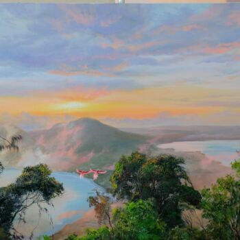 Painting titled "Бали закат в горах" by Natalia Beliakova, Original Artwork, Oil