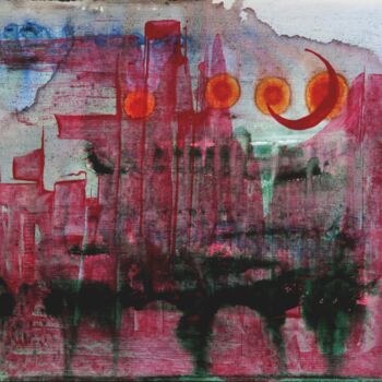 Peinture intitulée "Paysage au croissan…" par Clau Redier-Clément, Œuvre d'art originale, Encre