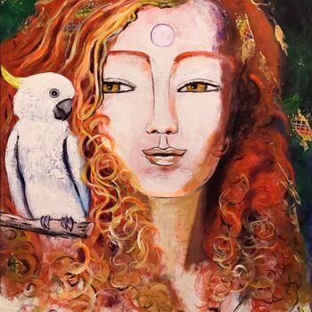 Peinture intitulée "Femme au perroquet…" par Mahé Ros, Œuvre d'art originale, Acrylique Monté sur Châssis en bois