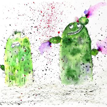 Pintura intitulada "Cacti Painting Wate…" por Larisa Raevskaia, Obras de arte originais, Aquarela